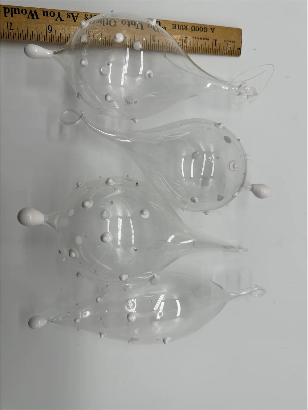 4 vintage Hand Blown, teardrop,  Christmas ornaments,Clear glass With White Dots